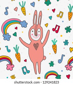 Cartoon seamless pattern with bunny rabbit note rainbow and hearts. Kids funny pattern. Vector illustration