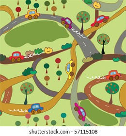 Cartoon seamless pattern with cars and roads in the country