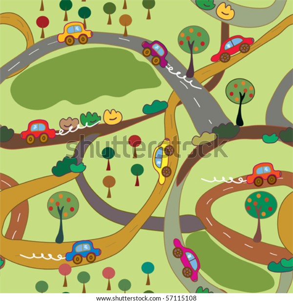 Cartoon seamless pattern with cars and roads in\
the country