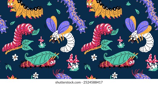 Patrón de dibujos animados sin fisuras con orugas de diferentes colores sobre fondo floral. Lindo gusano insecto gateo estilo garabato dibujado. Pequeño gusano, larva fauna silvestre. Ilustración vectorial