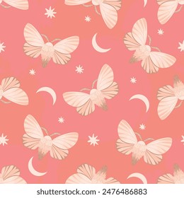 Cartoon seamless pattern with celestial moth,stars and moon.Grunge background with flying magic insect.Pink and beige colors.Boho print with mystic symbol and occult sign.Vector design for card.