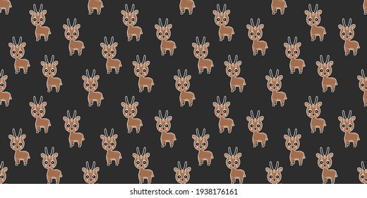 Cartoon seamless pattern of cheerful baby Dorcas gazelles with white outlines like stickers on a black background. African cloven-hoofed animals. Vector.