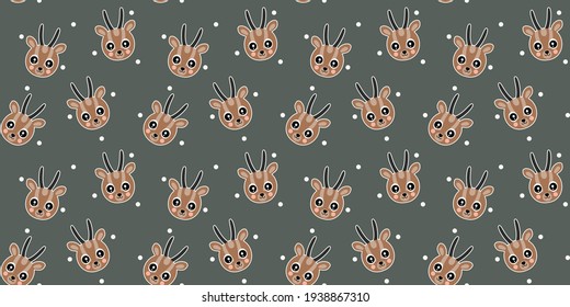 Cartoon seamless pattern of cheerful baby dorcas gazelle heads, and white circles on a gray background. The endless texture of African cloven-hoofed animal faces. Vector.