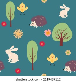 Cartoon seamless pattern for childish hare, hedgehog, chick in flowers and trees. Funny animals. Seamless pattern can be used for wallpaper, pattern fills, web page background, surface textures.