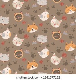 Cartoon seamless pattern for children background. Colorful wallpaper with cats, tangles and paws