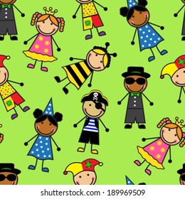 Cartoon seamless pattern with children in different carnival costumes 