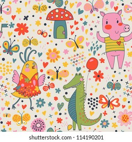 Cartoon seamless pattern for children's wallpapers. Cute pigs, crocodiles, birds and insects in vector
