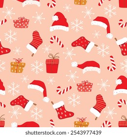 Cartoon seamless pattern with Christmas attributes and snowflakes.Festive background with gifts,socks, stick and Santa Claus hat.Vector design for printing on fabric and paper.Seasonal illustration.