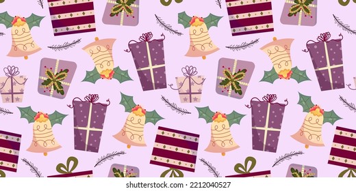 Cartoon seamless pattern christmas holiday. Vector cartoon xmas seamless pattern. Festive gift box. Holiday background