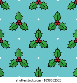 Cartoon seamless pattern with Christmas holly berries. New Year background. It can be used to decorate holiday packages, wrapping paper, textiles