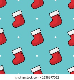 Cartoon seamless pattern with Christmas socks. New Year background. It can be used to decorate holiday packages, wrapping paper, textiles