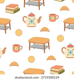 Patrón inconsútil de la historieta con la mesa de centro, taza, tetera, croissant, galletas y pila de libros, Ilustración vectorial plana del diseño acogedor