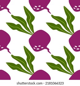 Cartoon seamless pattern with colorful beets. Texture for textiles, packaging, wallpapers. Vector illustration isolated on white background.