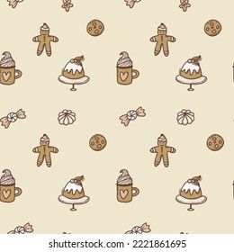 Cartoon seamless pattern of colorful christmas sweets, cake, candy, gingerbread and decorations on beige background. Vector hand drawn doodle style. Happy winter. Boho color.
