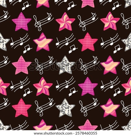 Cartoon seamless pattern with colorful stars and musical notes on dark brown background. White graphic doodle elements and geometric shapes with textures. Vector design for textile, wrapping paper.