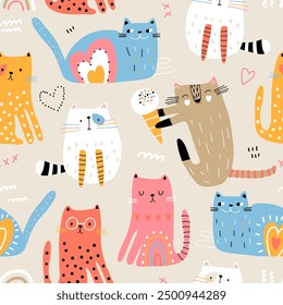 Cartoon seamless pattern with colourful cats. Kittens with ice cream, hearts. Childish texture for fabric, textile, apparel, wallpaper. Vector illustration