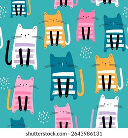 Desenho animado padrão sem emenda com gatos listrados coloridos. Gatinhos com sorvete, corações. Textura infantil para tecido, têxtil, vestuário, papel de parede. Ilustração vetorial
