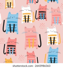Desenho animado padrão sem emenda com gatos listrados coloridos. Gatinhos com sorvete, corações. Textura pastel infantil para tecido, têxtil, vestuário, papel de parede. Ilustração vetorial
