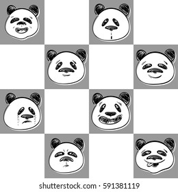 Cartoon seamless pattern with contour panda faces. Hand drawn sketch with panda emotions isolated on background. Funny panda characters: smiling, crying, brooding, joyful, sad, suspecting, amazed. 