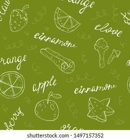 Cartoon seamless pattern with contours of fruits, berries, spices, and inscriptions on a neutral background. vector. 