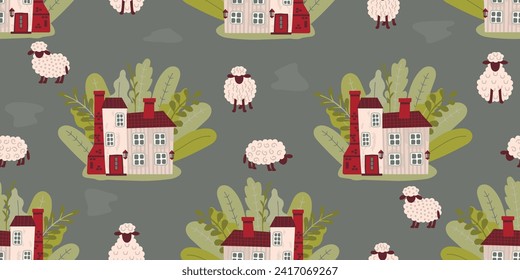 Cartoon seamless pattern with country houses and cute sheep.Background with decorative buildings surrounded by plants.Animal countryside print on fabric and paper.Vector hand drawn illustration. 