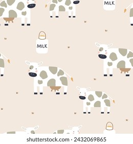 Cartoon seamless pattern with cow and milk. Childish texture with funny cartoon cow. Pastel vector illustration