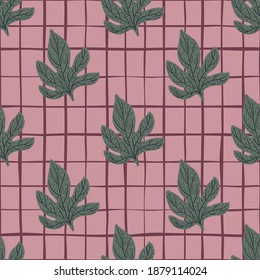 Cartoon seamless pattern with creative dark grey leaves shapes. Pink chequered background. Decorative backdrop for fabric design, textile print, wrapping, cover. Vector illustration