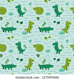 Cartoon seamless pattern with crocodiles, parrots and plants. Vector kids illustration 