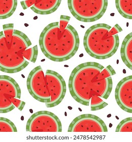 Patrón sin fisuras de dibujos animados con vista superior de sandía cortada. Jugosa fruta madura a la mitad y secciones. Fondo de temporada de verano con sabroso melón y semilla. Fondo de pantalla sin fin. Ilustración de comida de Vector en blanco.