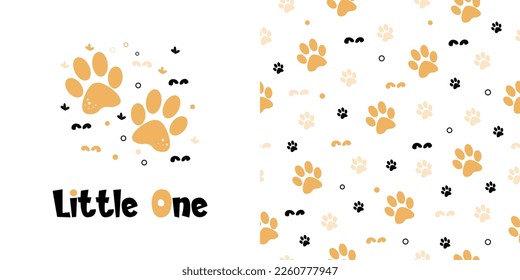 Cartoon and seamless pattern cute animal footprint. Vector illustration. Design for kids apparel, cards, fabric, wallpaper.