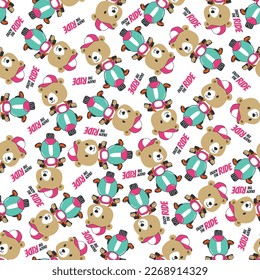 Cartoon seamless pattern of cute bear riding Scooter . Can be used for t-shirt printing, children wear fashion designs and other decoration.