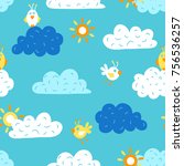 Cartoon seamless pattern with cute birds, clouds and sun in the sky. Vector