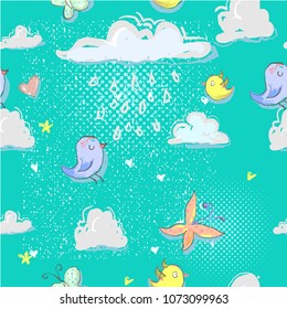Cartoon seamless pattern with cute birds, clouds, butterfly and hearts in the sky. Vector illustration