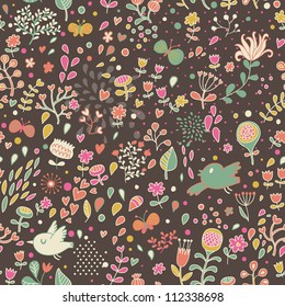 Cartoon seamless pattern with cute birds and flowers