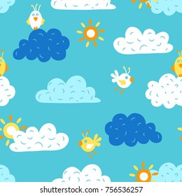 Cartoon seamless pattern with cute birds, clouds and sun in the sky. Vector