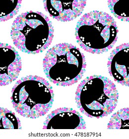 Cartoon seamless pattern with cute black cats. Vector illustration