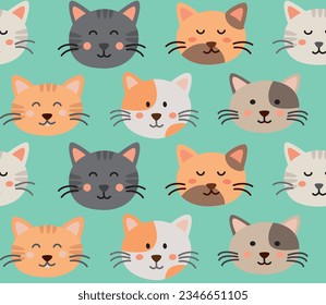 Cartoon seamless pattern with cute cat heads. Flat design style vector illustration