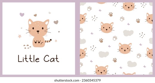 Cartoon and seamless pattern with cute cat. Cartoon animal background. Vector illustration. Design for print, poster, fabric, wallpaper, wrapping