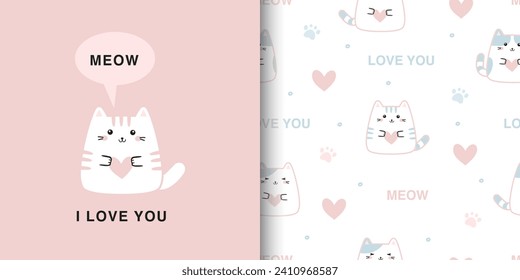 Cartoon and seamless pattern with cute cat. Valentine set background. Design for fabric, textile, wallpaper, wrapping, print design. Vector illustration