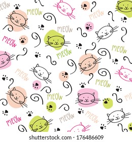Cartoon seamless pattern with cute cats, vector format