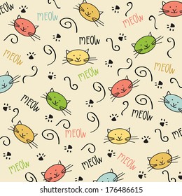 Cartoon seamless pattern with cute cats, vector format