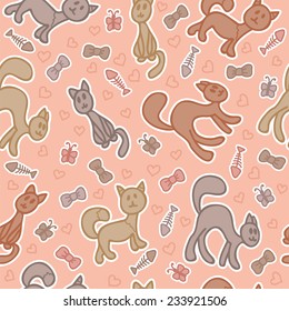 Cartoon seamless pattern with cute cats and hearts. Vector illustration