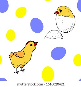 Cartoon seamless pattern, cute chickens on a white background. Livestock.Vector illustration for design.