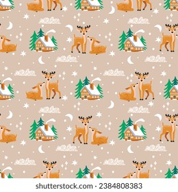 Cartoon seamless pattern with cute couple of deer and winter forest house surrounded by fir trees.Seasonal background with animal characters,snowfall,stars,moon and clouds.Vector illustration.