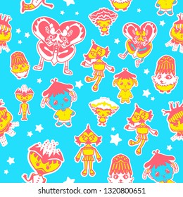 Cartoon seamless pattern with cute  creatures. Vector illustration for kids. Use for print design, surface design, fashion kids wear 