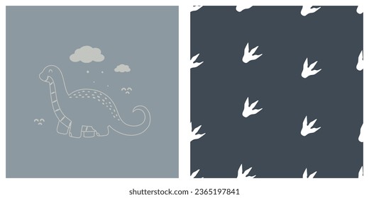 Cartoon and seamless pattern with cute dino and paw print. Cartoon animal background. Design for print, textile, fabric, wallpaper, wrapping