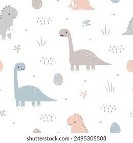 Cartoon seamless pattern with cute dinosaurs and egg. Pastel color. Used for fabric, textile, wallpaper, wrapping, kids apparel design. Vector illustration