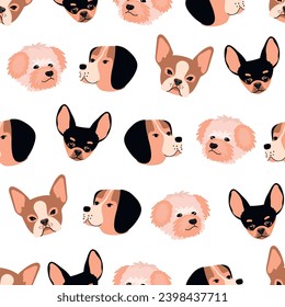 Cartoon seamless pattern with cute dog heads.Chihuahua, Bichon Frize, Boston Terrier and Labrador.Animal background with pets for printing on fabric and paper.Vector flat illustration on white.