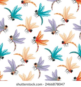 Cartoon seamless pattern with cute dragonfly on white background.Wild animal background with colorful winged insects.Print on fabric and paper.Vector design for use in packaging,wallpaper,cover.