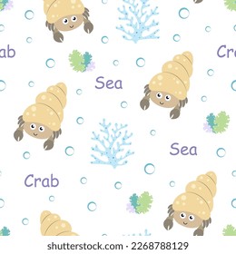 cartoon seamless pattern with cute hermit crab, design for children's textiles, background image for packaging materials, flat style